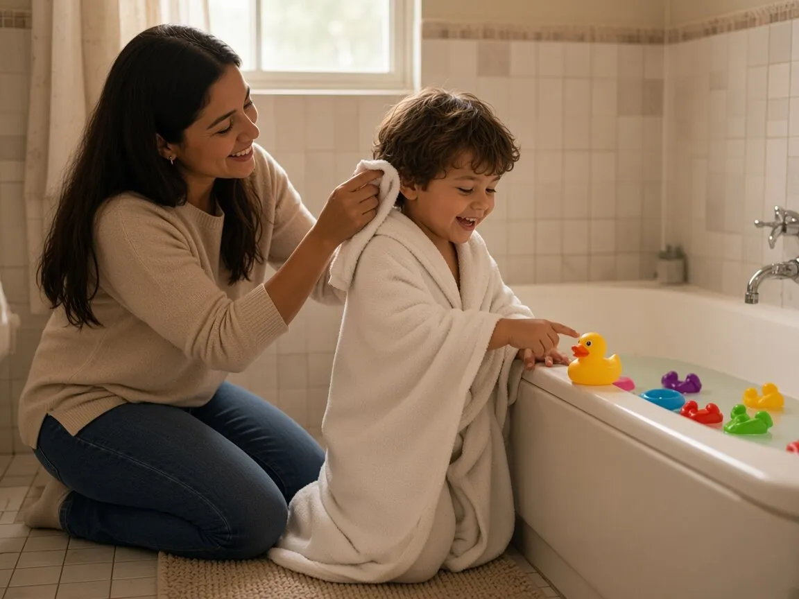 A mother dries her son’s hair, wrapped in a towel, after his bath