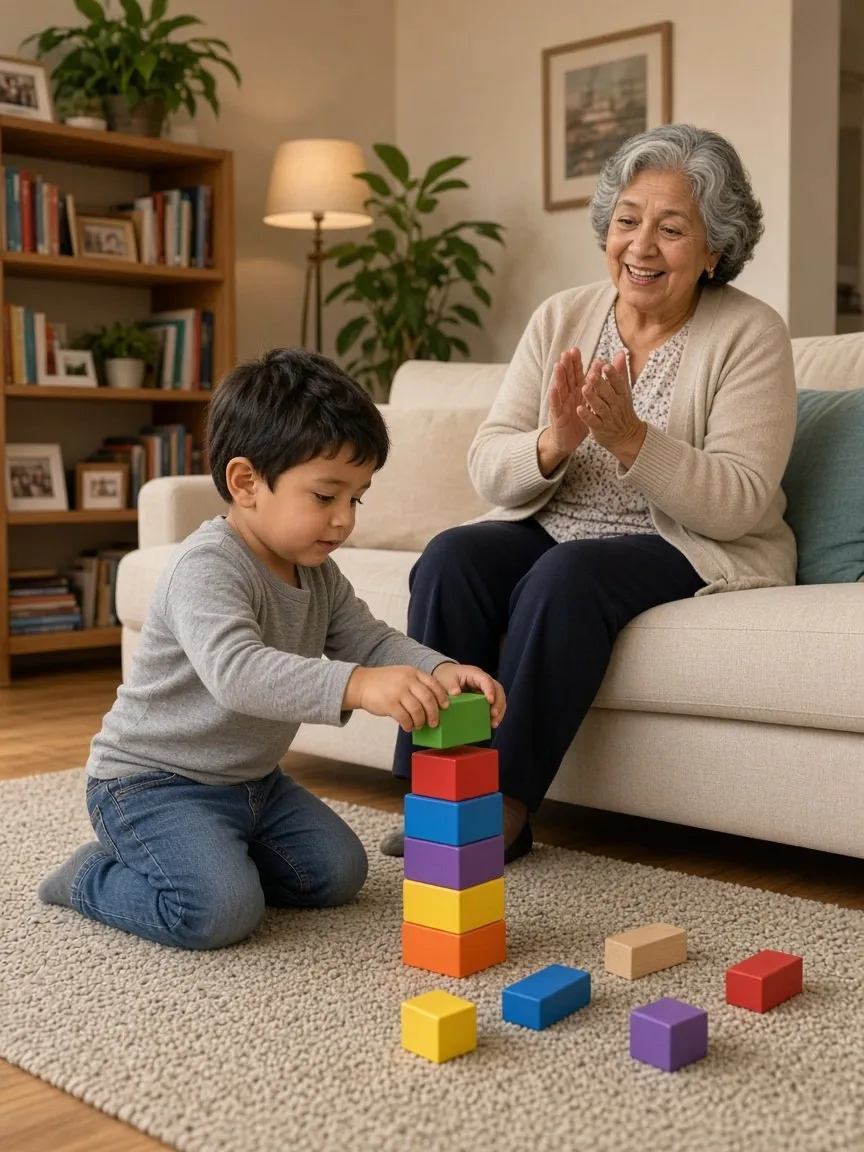Un niño apila bloques de colores junto a su abuela
