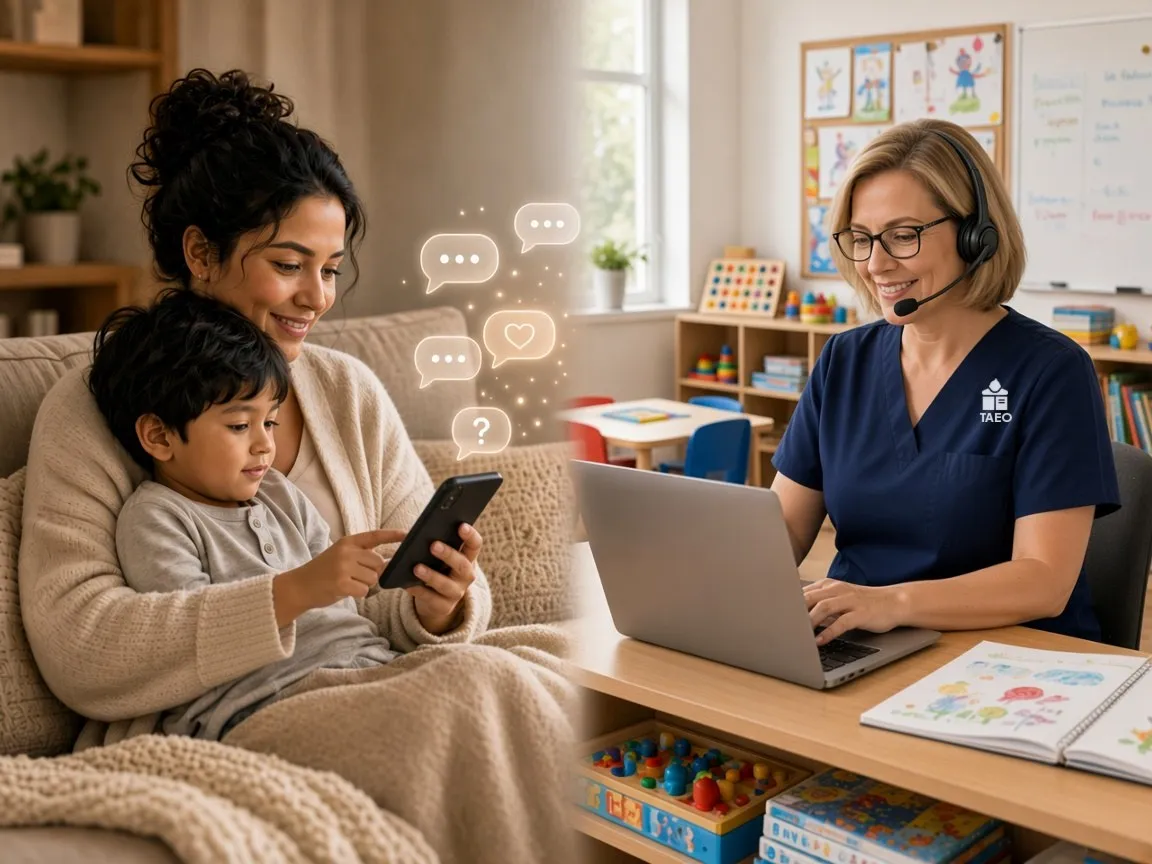 A mother, with her son on her lap, writes in the app chat while a TAEO | EdTech professional in a blue uniform answers from her office
