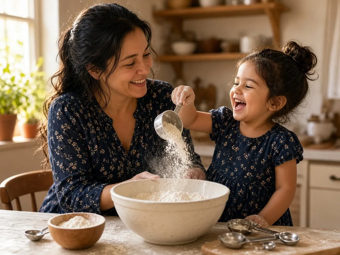 A mother and her daughter bake together, laughing as they measure flour