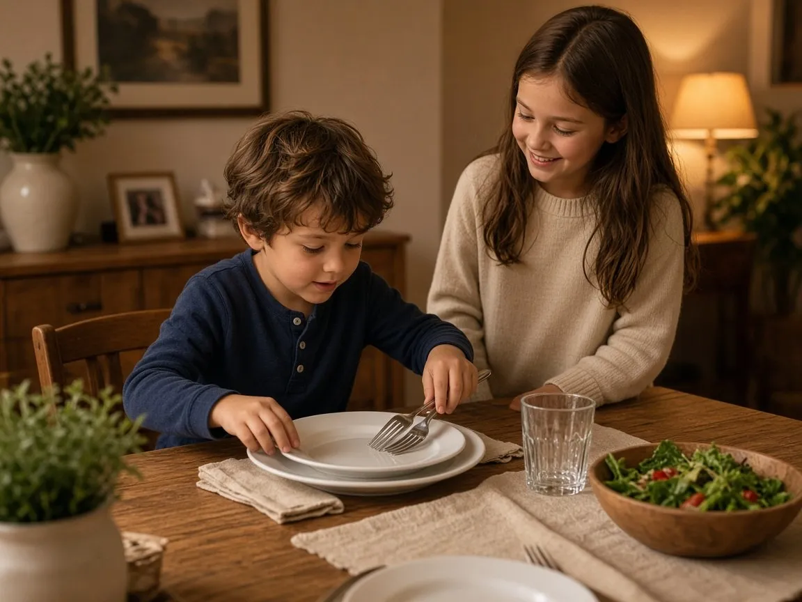 A boy sets the table with his older sister