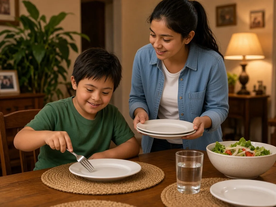 Un niño pone la mesa junto a su hermana mayor