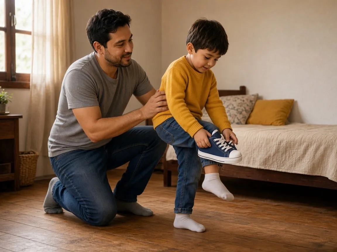 A father supports his son as he puts on his shoes in the morning