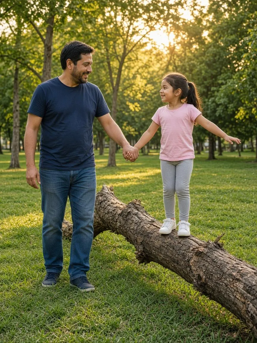 Una niña camina sobre un tronco de la mano de su padre