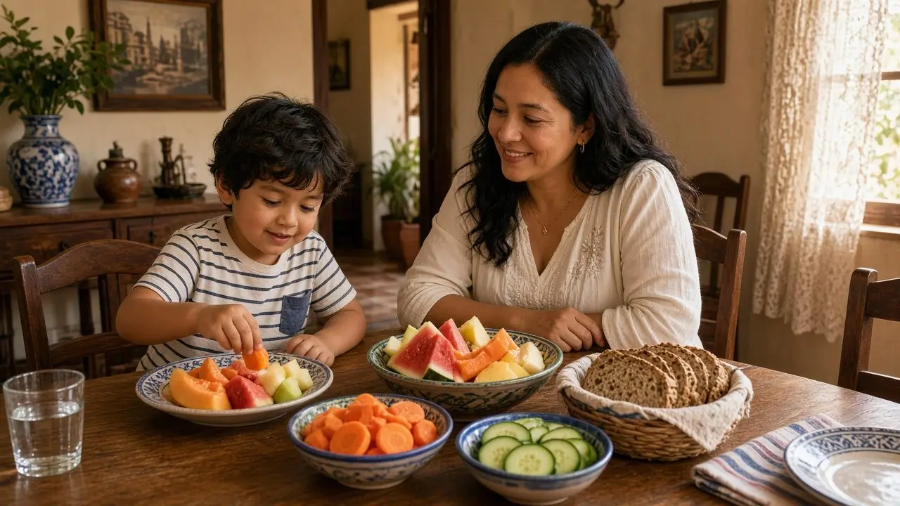 Un niño explorando curiosamente frutas y vegetales variados en la mesa familiar junto a su madre, sin presiones