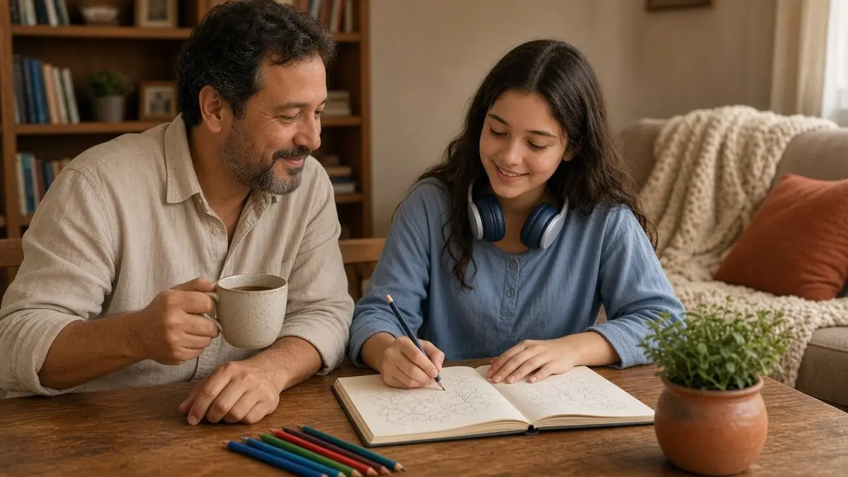 Una adolescente con auriculares apoyados en el cuello dibuja en un cuaderno mientras su padre, con una taza en la mano, mira el dibujo con una sonrisa