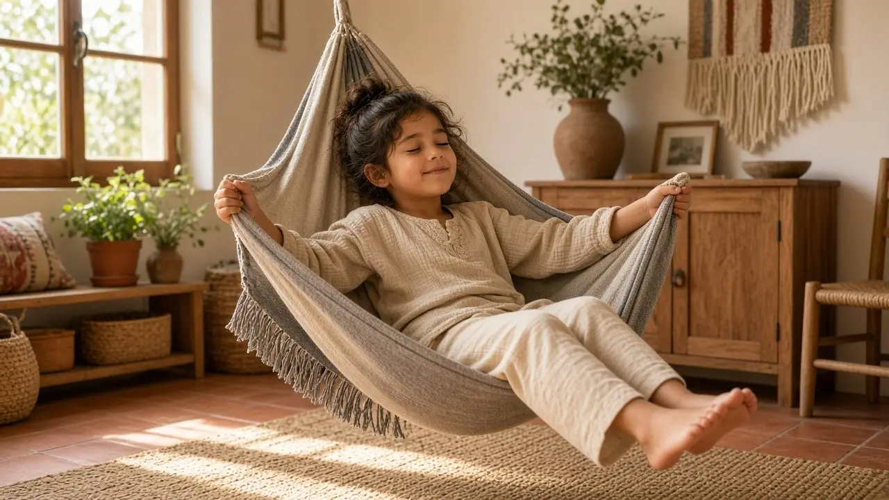 Un niño descansando y balanceándose con calma en una hamaca de tela en la sala, experimentando autorregulación vestibular