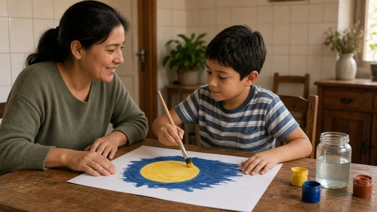 Una madre sonríe sentada a la mesa del comedor mientras su hijo, con un pincel en la mano derecha, pinta una luna amarilla sobre un cielo azul en una hoja blanca; junto a ellos hay un frasco de agua y tres botes de pintura