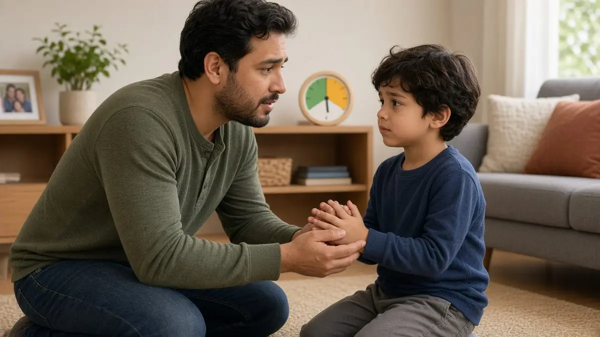 Un padre agachado a la altura visual de su hijo, dialogando y sosteniendo con suavidad sus manos con un temporizador visual al fondo