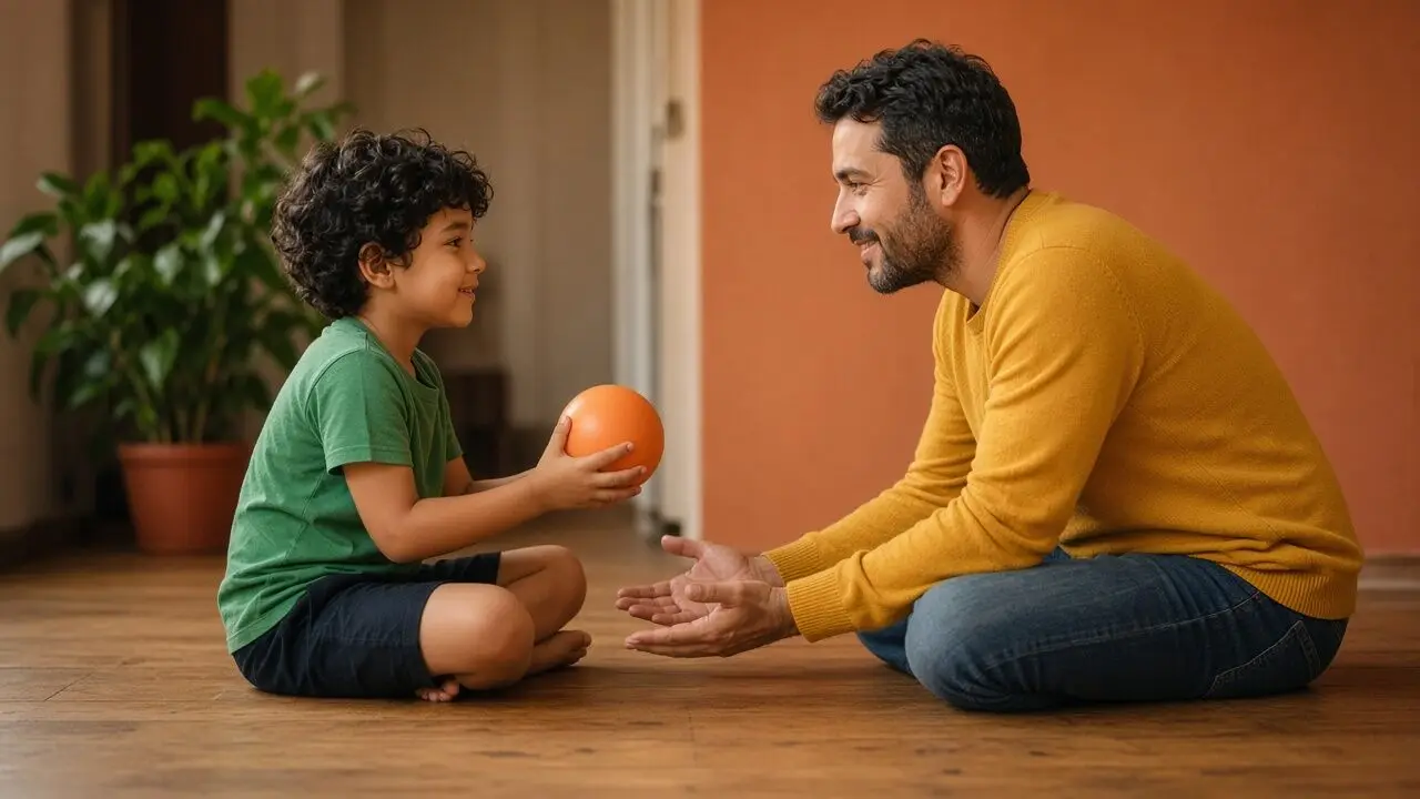 Un padre y su hijo, sentados en el suelo frente a frente, se miran sonrientes mientras el niño sostiene una pelota naranja y el padre extiende las manos abiertas para recibirla
