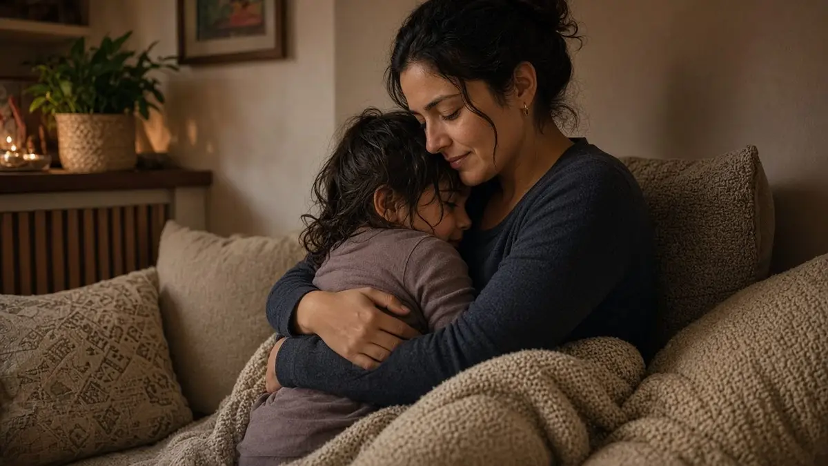 Una madre brindando contención afectiva y co-regulación serena a su hija en un rincón acogedor del hogar con luz tenue