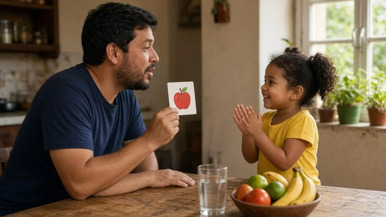 Un padre, sentado a la mesa de la cocina, sostiene una tarjeta con el dibujo de una manzana y pronuncia una palabra frente a su hija, que sonríe y aplaude