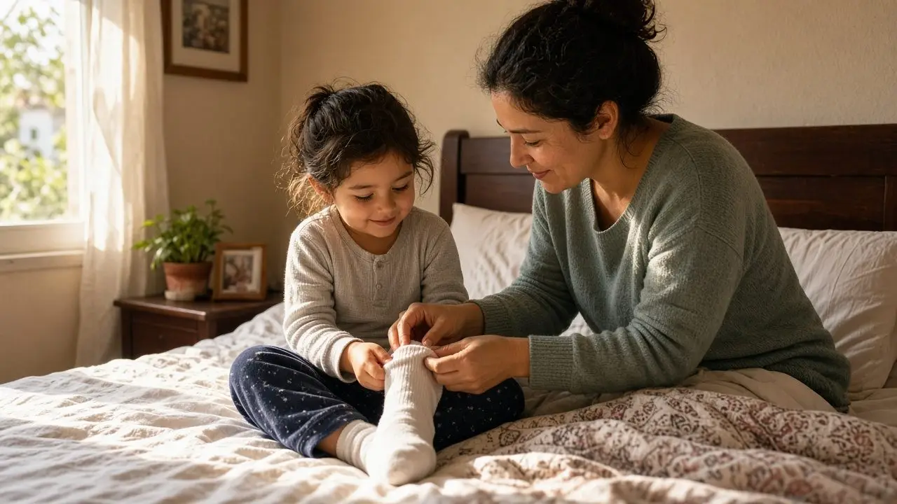 Una niña colocándose medias suaves sentada en la cama por la mañana con el apoyo paciente y cercano de su madre