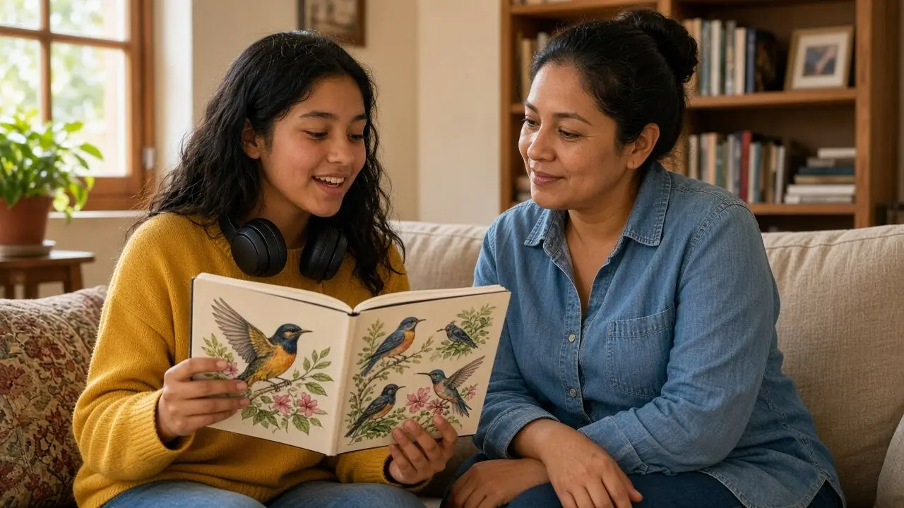 Una adolescente con auriculares al cuello muestra a su madre un cuaderno abierto con dibujos de pájaros; las dos están sentadas en el sofá de la sala y la madre la mira sonriendo